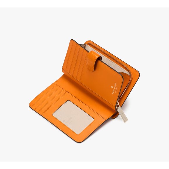 New Kate Spade Lena Medium Compact Bifold Wallet Pebble Leather Orange Zinnia - Picture 3 of 3